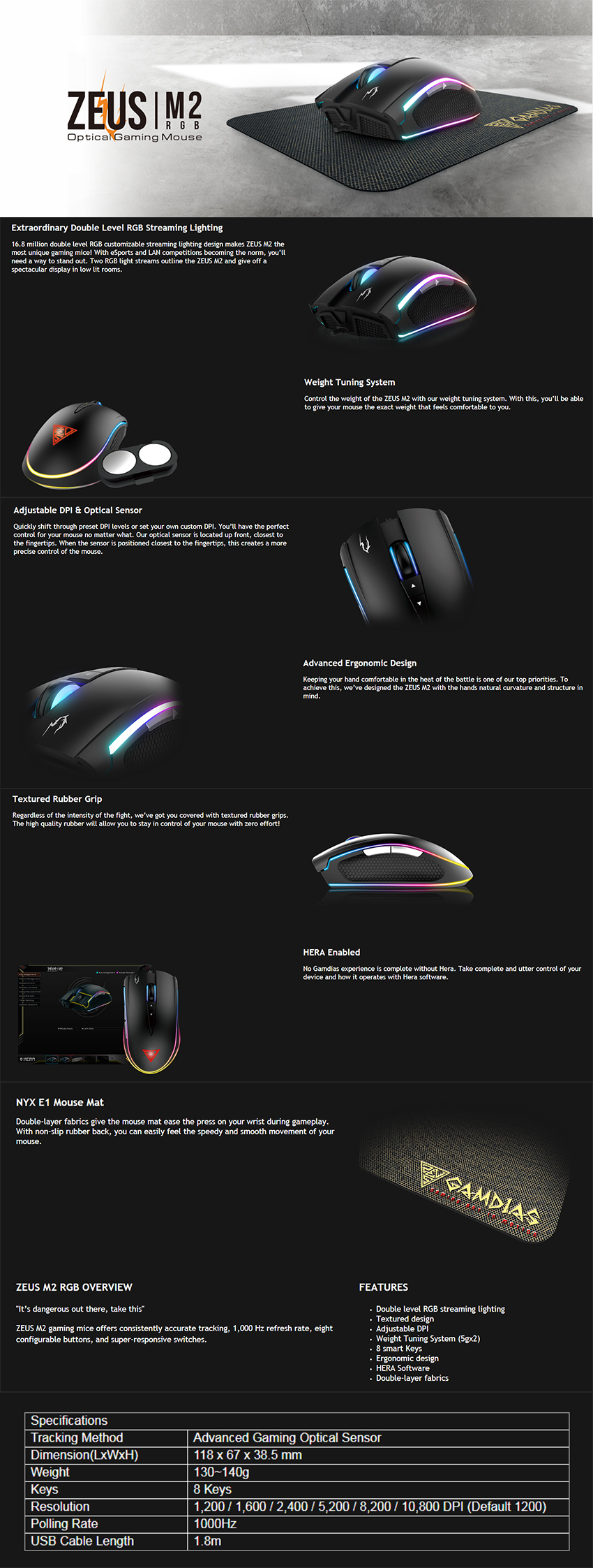 Gamdias ZEUS M2 RGB Optical Gaming Mouse 10800 DPI USB Wired Mice Combo